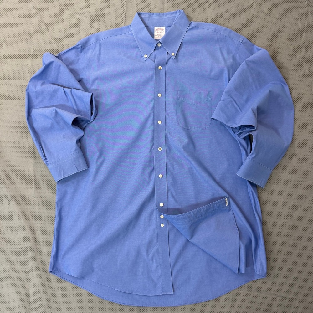 Brooks Brothers Dress Shirt Men 17.5 Blue Madison Supima Cotton Non-Iron Office